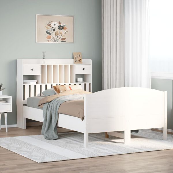 vidaXL S&auml;ng med bokhylla utan madrass vit 135x190cm massiv furu