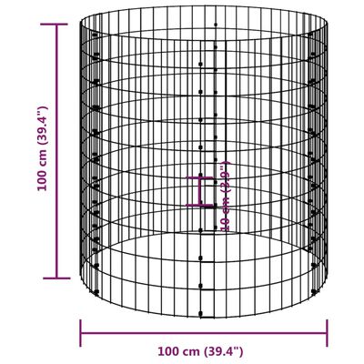 vidaXL Planteringsgabion upphöjd rund galvaniserat stål Ø100x100 cm