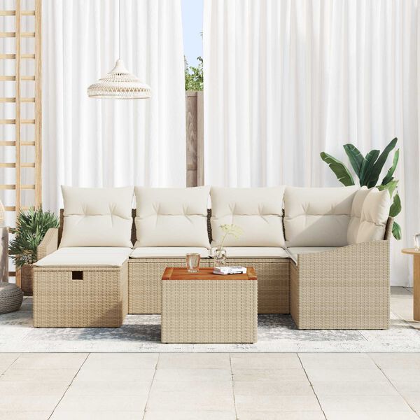 vidaXL Tr&auml;dg&aring;rdsoffset med kudde med lagring 7 pcs Beige Poly rattan