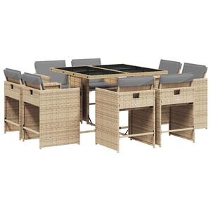 vidaXL Matgrupp f&ouml;r tr&auml;dg&aring;rden med dynor 9 delar mixbeige konstrotting