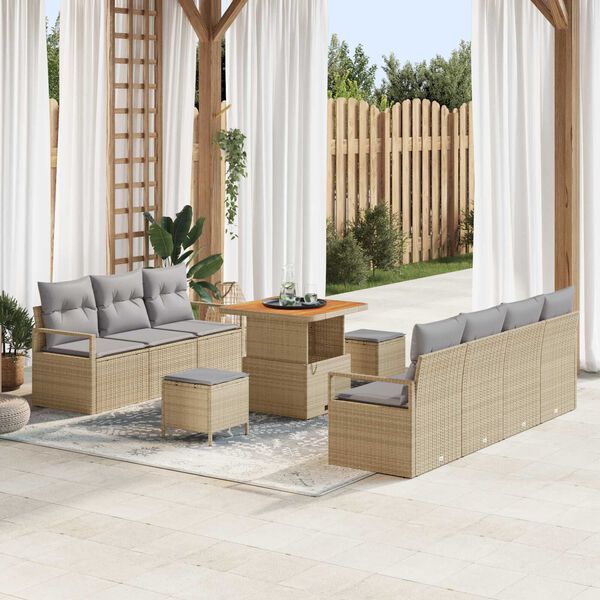 vidaXL Tr&auml;dg&aring;rdsoffset med kudde 10 pcs Beige Poly rattan
