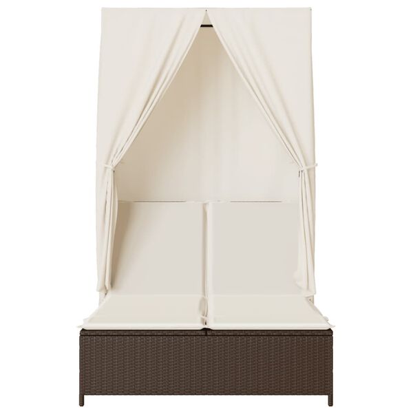 vidaXL Dubbel solsäng med tak och dynor brun konstrotting