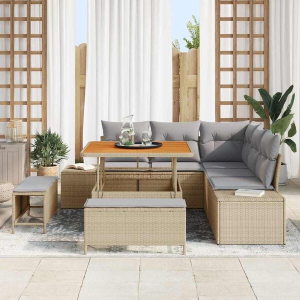 vidaXL Tr&auml;dg&aring;rdsoffset med kudde med lagring 8 pcs Beige Poly rattan