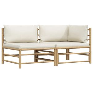 vidaXL Loungegrupp f&ouml;r tr&auml;dg&aring;rden med gr&auml;ddvita dynor 2 delar bambu