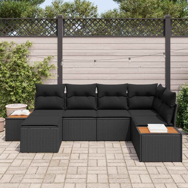 vidaXL Tr&auml;dg&aring;rdsoffset med kudde 6 pcs Svart Poly Rattan