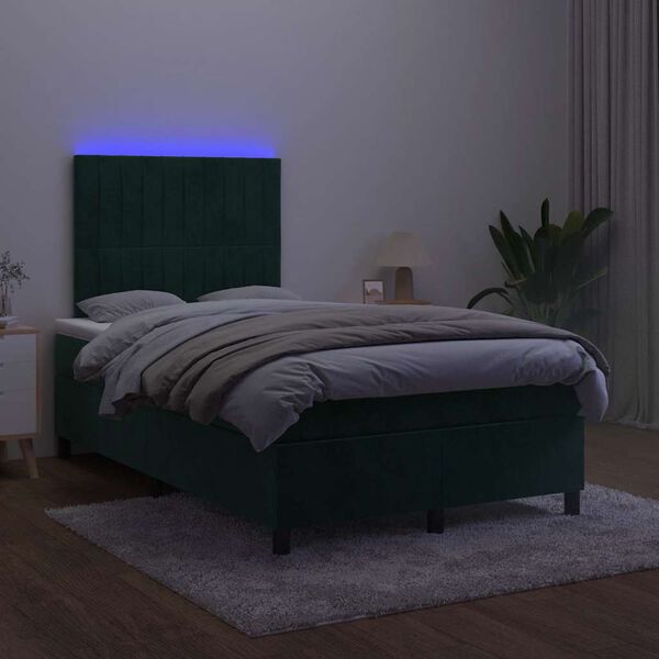 vidaXL Rams&auml;ng med madrass & LED m&ouml;rkgr&ouml;n 120x190 cm sammet