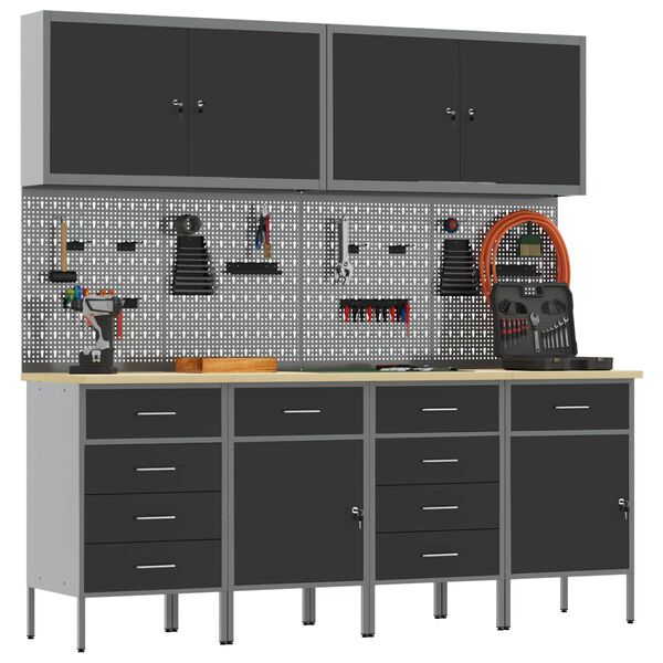 vidaXL Arbetskabinett med l&aring;da 10 pcs Svart Konstruerat tr&auml; och st&aring;l