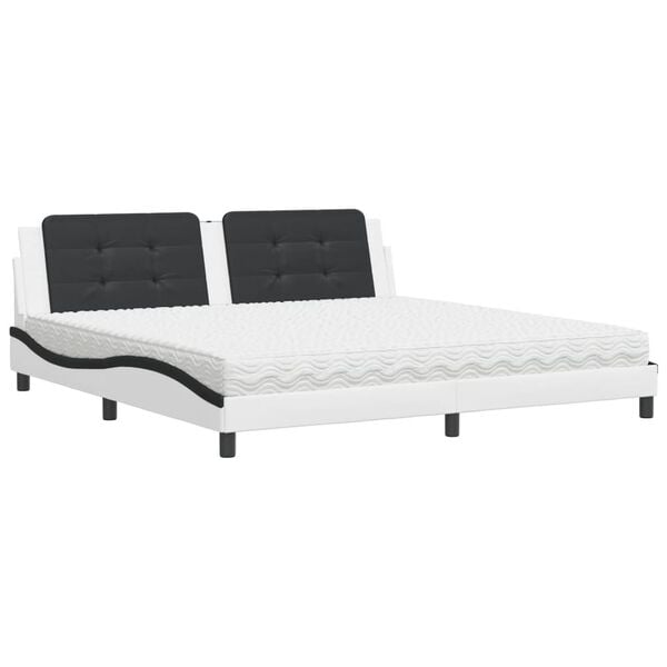 vidaXL Bed with Mattress "Zadar" White and Black 200x200 cm Faux Leather