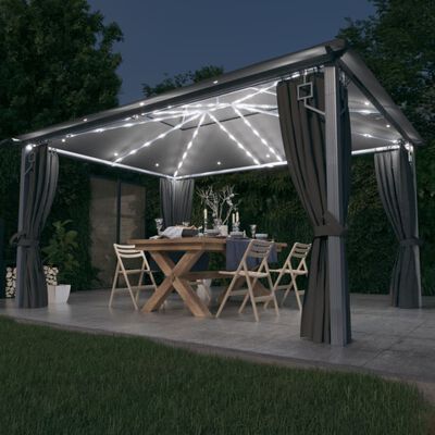 vidaXL Paviljong med gardin & ljusslinga LED 4x3 m antracit aluminium