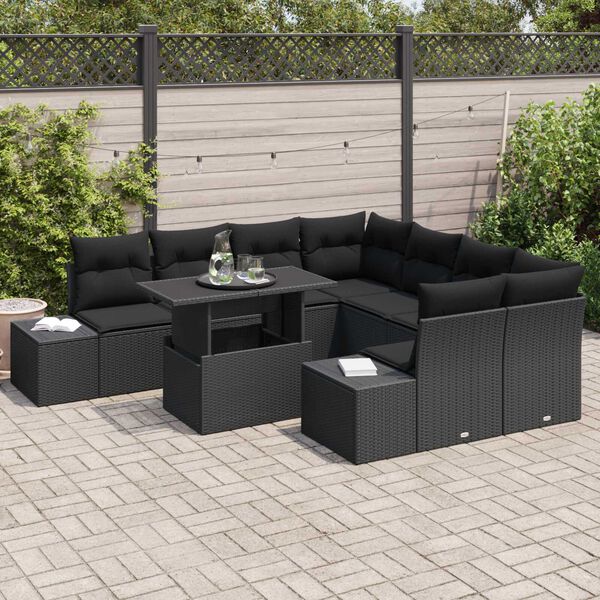 vidaXL Trädgårdsoffset 9 pcs Svart Poly Rattan och Pulverlackerad Stål