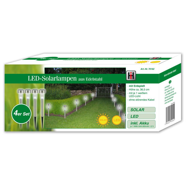 HI Tr&auml;dg&aring;rdsbelysning solcell LED 4-pack rostfritt st&aring;l 36 cm