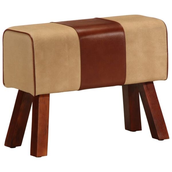 vidaXL Gymb&auml;nk 58 cm brun &auml;kta skinn och massivt mangotr&auml;