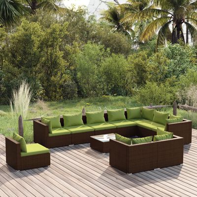 vidaXL Loungegrupp för trädgården med dynor 11 delar konstrotting brun