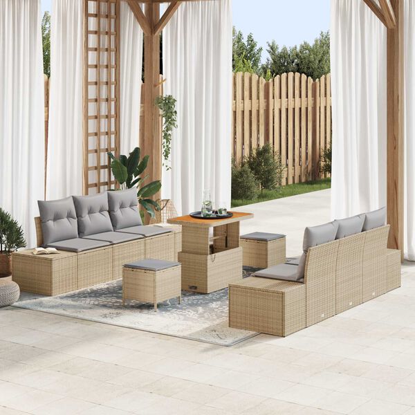 vidaXL Tr&auml;dg&aring;rdsoffset med kudde 9 pcs Beige Poly rattan
