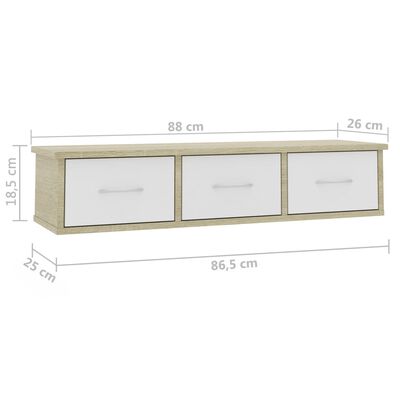 vidaXL Väggmonterade lådor vit och sonoma-ek 88x26x18,5 cm spånskiva