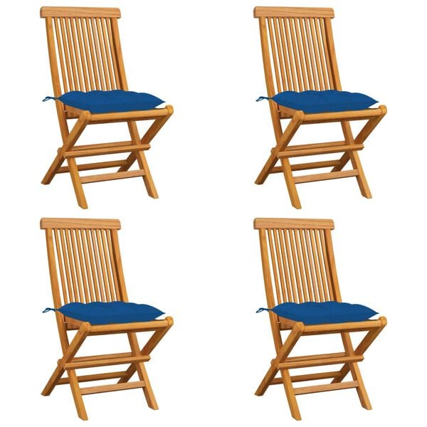 vidaXL Tr&auml;dg&aring;rdsstolar med bl&aring;a dynor 4 st massiv teak