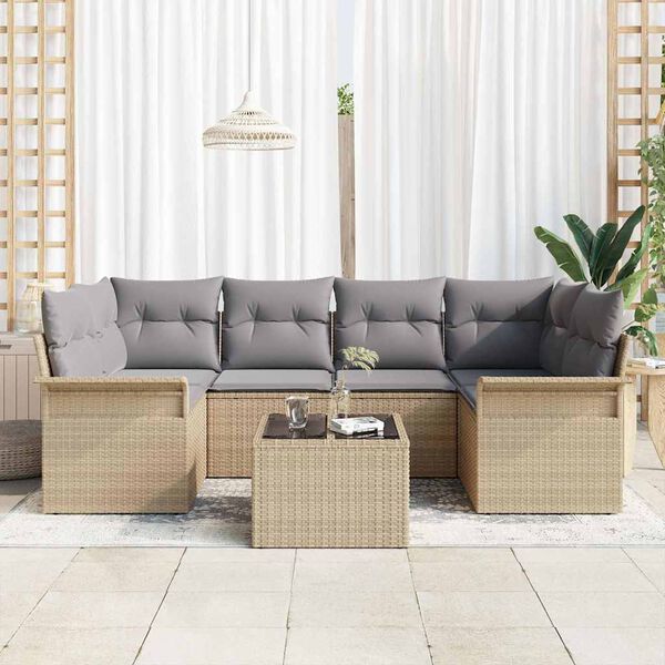 vidaXL Tr&auml;dg&aring;rdsoffset 7 pcs Beige Poly rattan