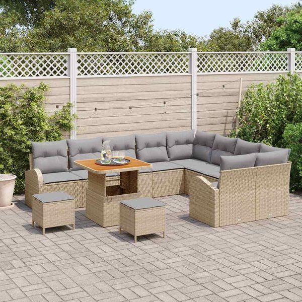 vidaXL Tr&auml;dg&aring;rdsoffset med kudde 12 pcs Beige Poly rattan