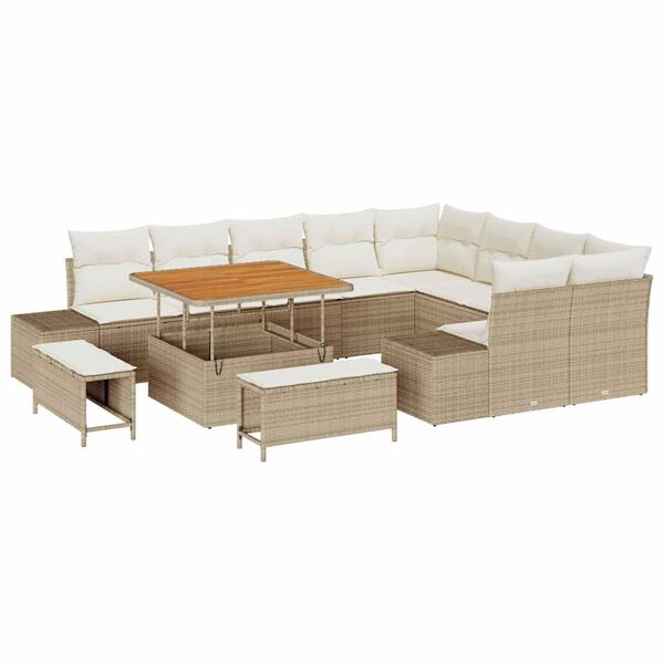 vidaXL Tr&auml;dg&aring;rdsoffset med kudde med lagring 12 pcs Beige Poly rattan