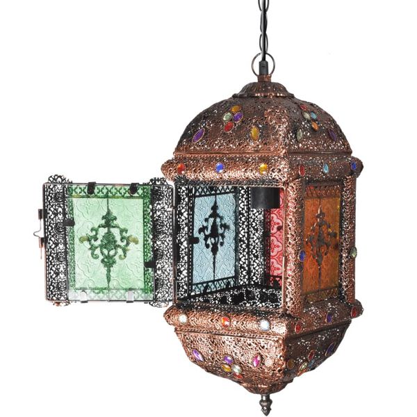 M&aring;ngf&auml;rgad taklampa i metall med glasluckor och akryldekoration