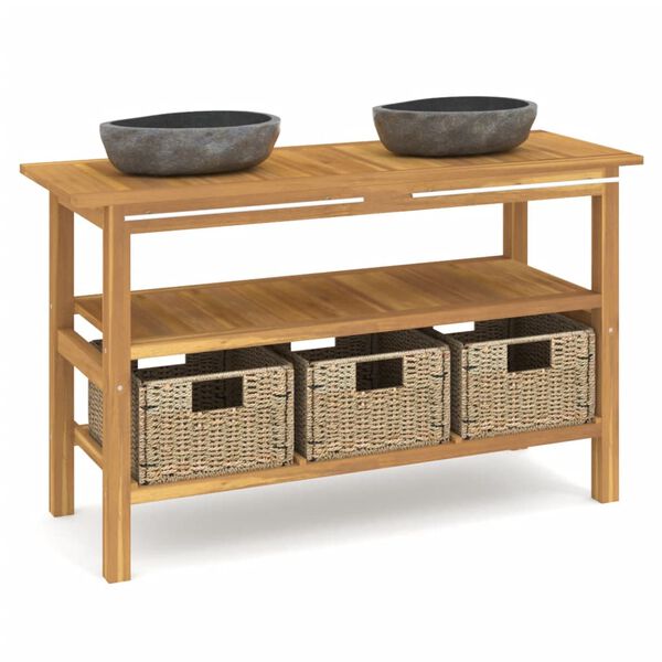 vidaXL Handfatsbänk med handfat i flodsten massiv teak