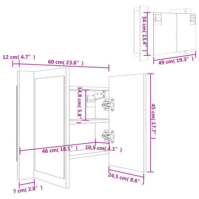 vidaXL Spegelskåp med LED grå sonoma 60x12x45 cm konstruerat trä