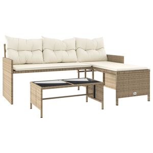 vidaXL Tr&auml;dg&aring;rdssoffa med bord och dynor L-formad beige konstrotting
