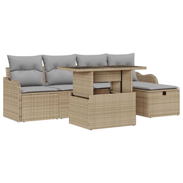 vidaXL Trädgårdsoffset med kudde med lagring 6 pcs Beige Poly rattan