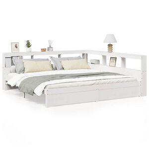vidaXL S&auml;ng med bokhylla utan madrass vit 200x200cm massiv furu