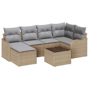 vidaXL Tr&auml;dg&aring;rdsoffset med kudde 7 pcs beige och ljusgr&aring; Poly rattan