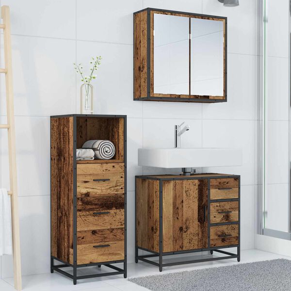 vidaXL Badrumsm&ouml;belset med l&aring;da 3 pcs Gammalt tr&auml; Konstruerat tr&auml;