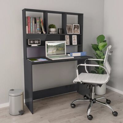 vidaXL Skrivbord med hyllor grå högglans 110x45x157 cm konstruerat trä