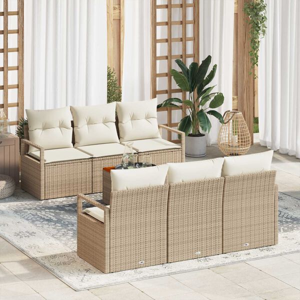 vidaXL Tr&auml;dg&aring;rdsoffset med kudde 7 pcs Beige Poly rattan
