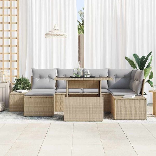 vidaXL Tr&auml;dg&aring;rdsoffset med lagring 7 pcs Beige Poly rattan