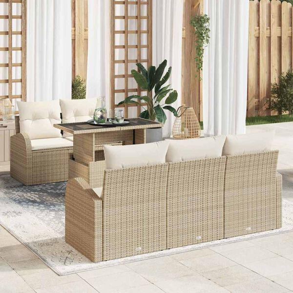 vidaXL Tr&auml;dg&aring;rdsoffset med kudde med kudde 6 pcs Beige Poly Rattan