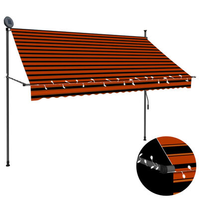 vidaXL Markis manuellt infällbar med LED 250 cm orange och brun