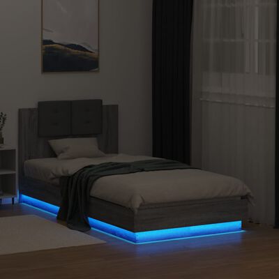 vidaXL Sängram med huvudgavel och LEDs grå sonoma 75x190 cm
