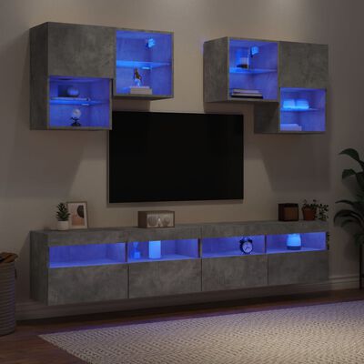 vidaXL Väggmonterade tv-skåp 6 delar med LEDs betonggrå