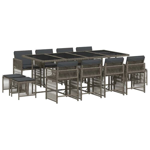 vidaXL Matgrupp f&ouml;r tr&auml;dg&aring;rden med dynor 13 delar gr&aring; konstrotting