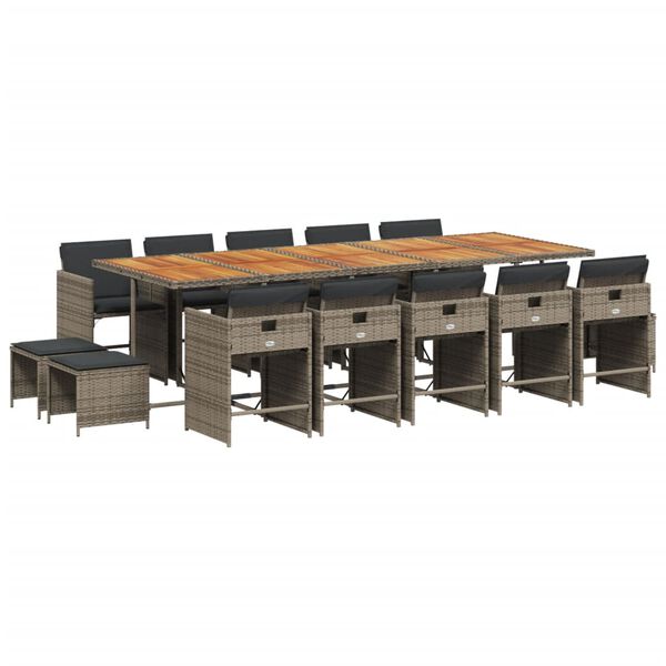 vidaXL Matgrupp f&ouml;r tr&auml;dg&aring;rden med dynor 15 delar gr&aring; konstrotting