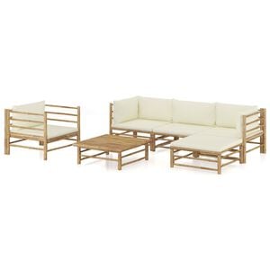 vidaXL Loungegrupp f&ouml;r tr&auml;dg&aring;rden med gr&auml;ddvita dynor 6 delar bambu