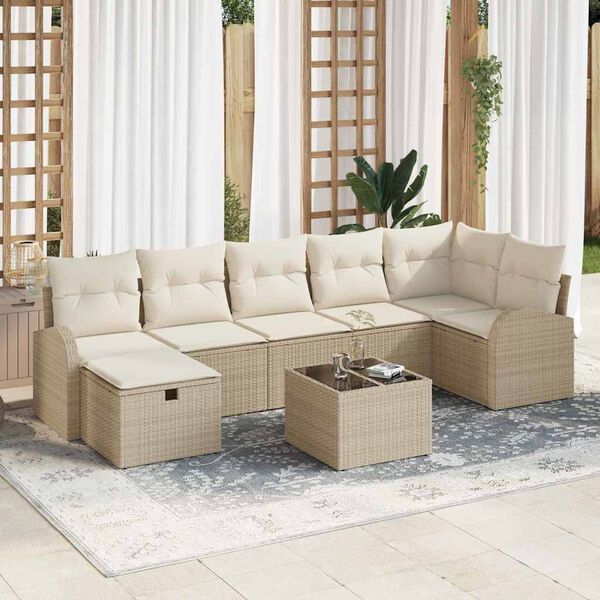 vidaXL Tr&auml;dg&aring;rdsoffset med kudde med lagring 8 pcs Beige Poly rattan