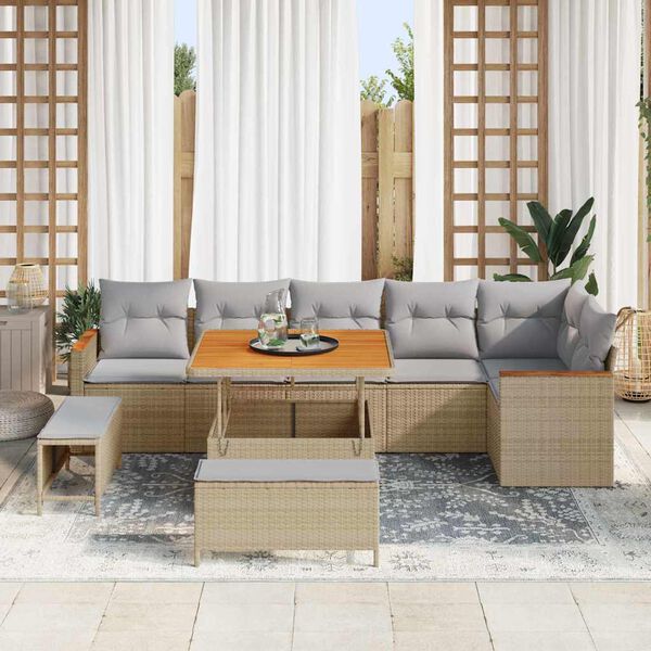 vidaXL Tr&auml;dg&aring;rdsoffset med kudde 9 pcs Beige Poly rattan