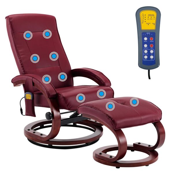 vidaXL Massagef&aring;t&ouml;lj med fotpall vinr&ouml;d konstl&auml;der