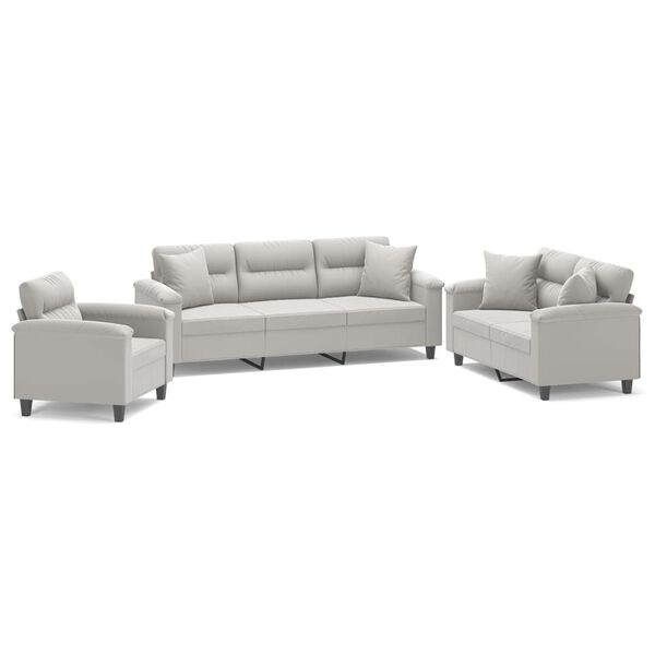 vidaXL Soffgrupp med kuddar 3 delar Ljusgr&aring; mikrofibertyg