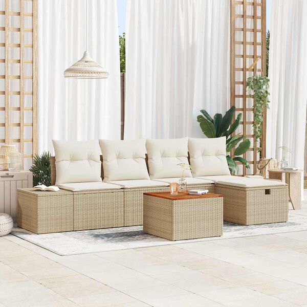 vidaXL Tr&auml;dg&aring;rdsoffset med kudde med lagring 6 pcs Beige Poly rattan