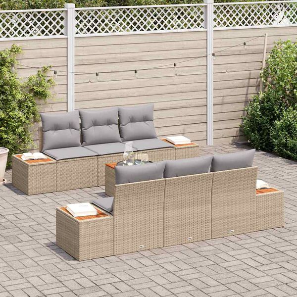 vidaXL Tr&auml;dg&aring;rdsoffset med kudde 7 pcs Beige Poly rattan