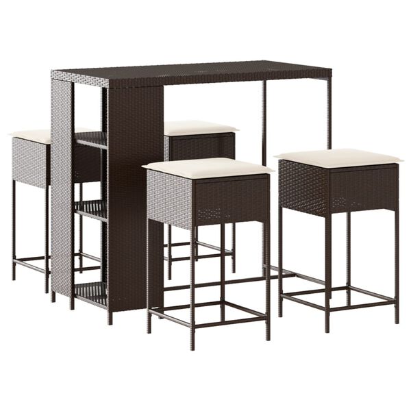 vidaXL Bargrupp f&ouml;r tr&auml;dg&aring;rden 5 delar med dynor brun konstrottning