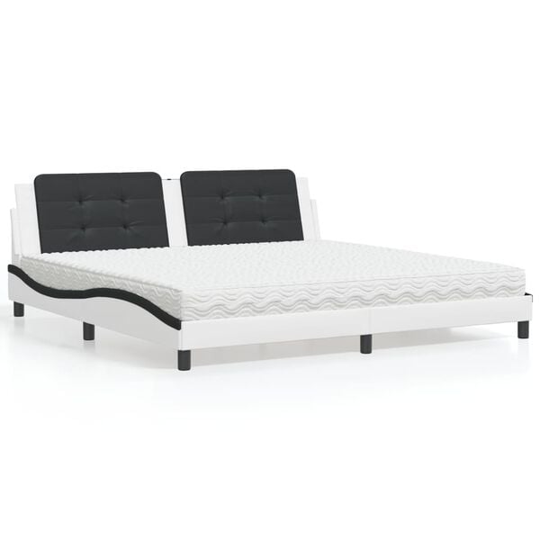 vidaXL Bed with Mattress "Zadar" White and Black 200x200 cm Faux Leather