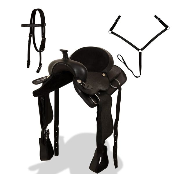 vidaXL Westernsadel tr&auml;ns&halsband &auml;kta l&auml;der 16" svart